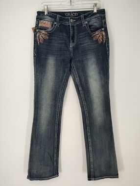 Grace in LA Easy Fit Women's Dark Wash Embroidered Jeans - Blue Size 30